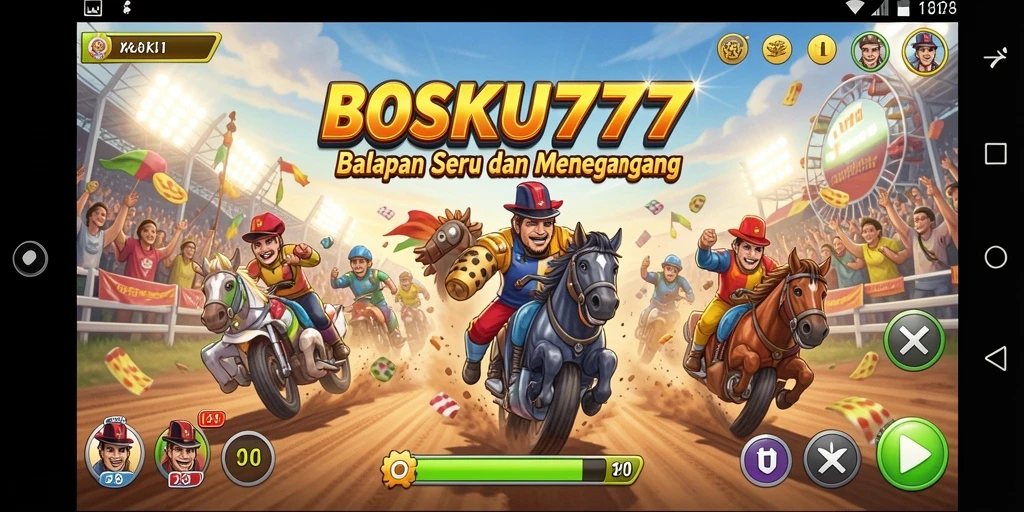 Screenshot gameplay BOSKU777 menampilkan balapan mendebarkan dan mobil yang melaju kencang.
