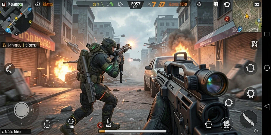 Tampilan gameplay yang mendebarkan di EOS77 dengan aksi tembak-tembakan intens.
