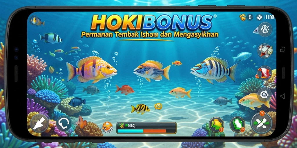 Tampilan gameplay seru dalam HOKIBONUS dengan ikan berwarna-warni.