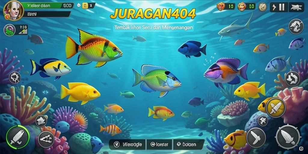 Screenshot gameplay JURAGAN404 yang menampilkan aksi menembak ikan.