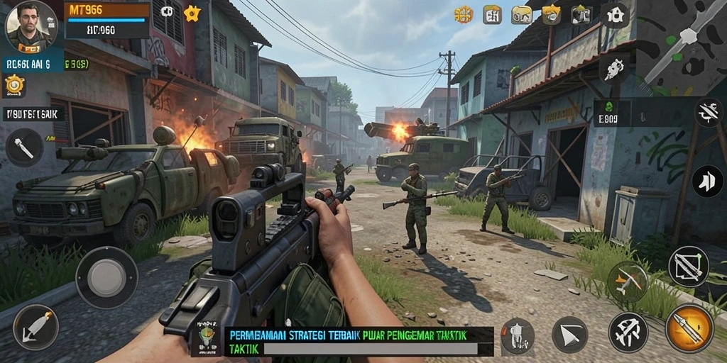 Screenshot utama menunjukkan pertempuran strategis yang intens.
