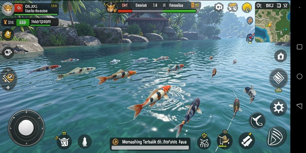 Screenshot utama OKJK menampilkan pemain yang sedang memancing di danau yang indah.